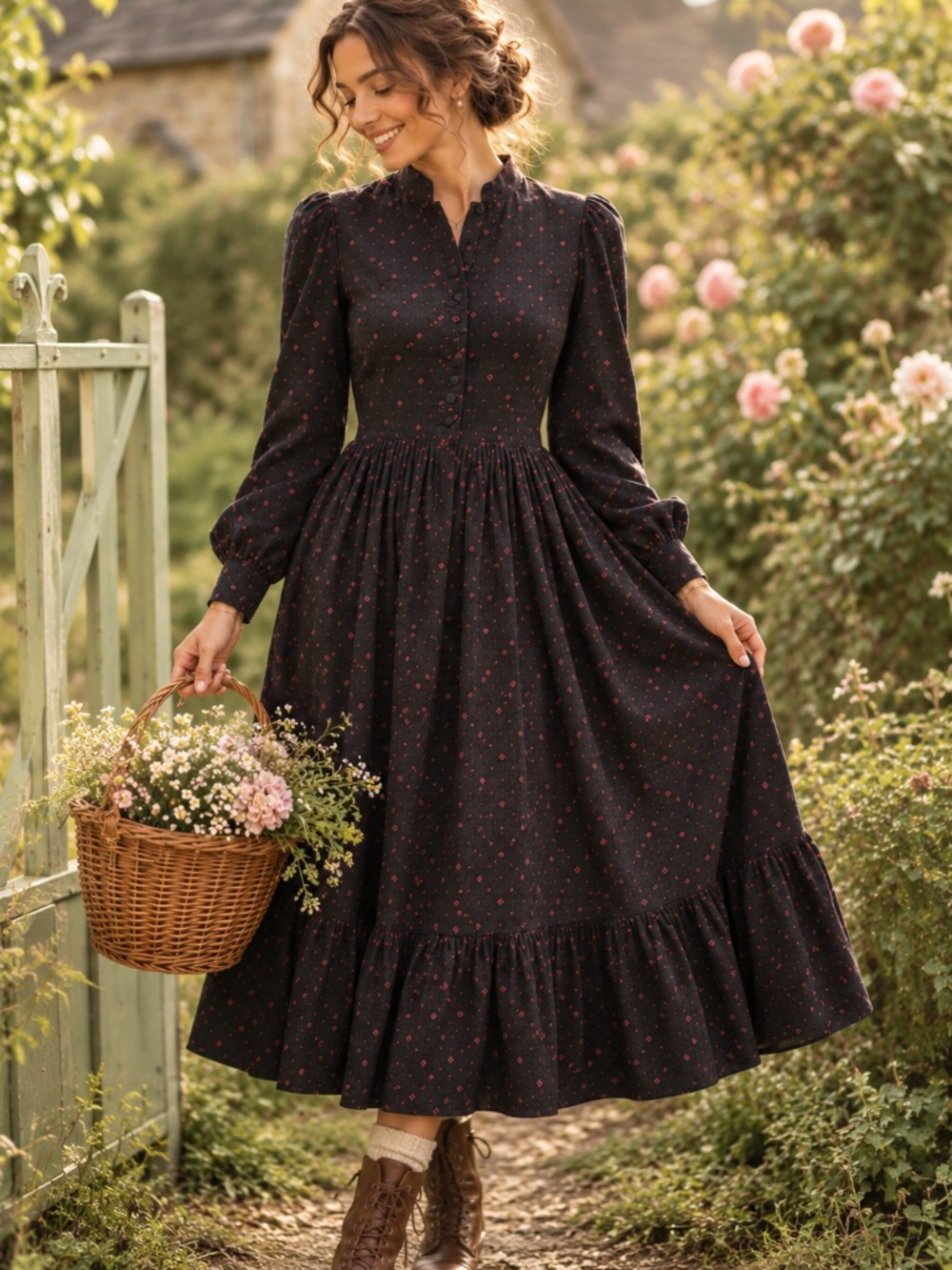 Vintage Laura Ashley Black Corduroy Cottagecore Prairie Dress UK Size 8 Feminine